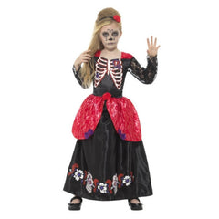 Deluxe day of the dead costume for girls, long dress with skulls and flower print around hemline, breast print on bodice, lace long sleeves and red lace peplum.