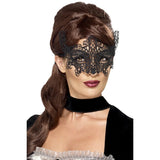 Black embroidered lace masquerade eye mask with filigree swirl design