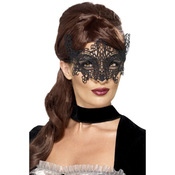 Black embroidered lace masquerade eye mask with filigree swirl design