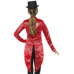Red sequin tailcoat jacket with tails and one button at front.