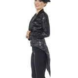 Black sequin tailcoat jacket with two buttons at the front.