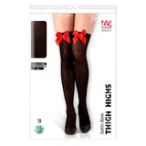 Packaged black thigh-high stockings with red satin bows on a white background