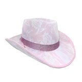 Pink lacy cowgirl hat with diamante band.