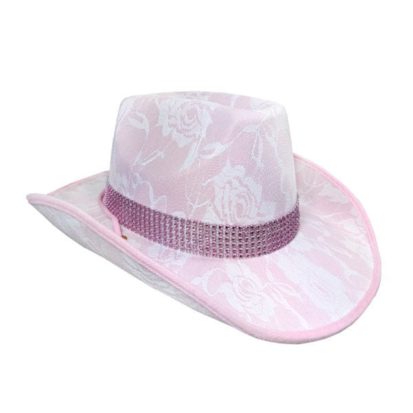 Pink lacy cowgirl hat with diamante band.
