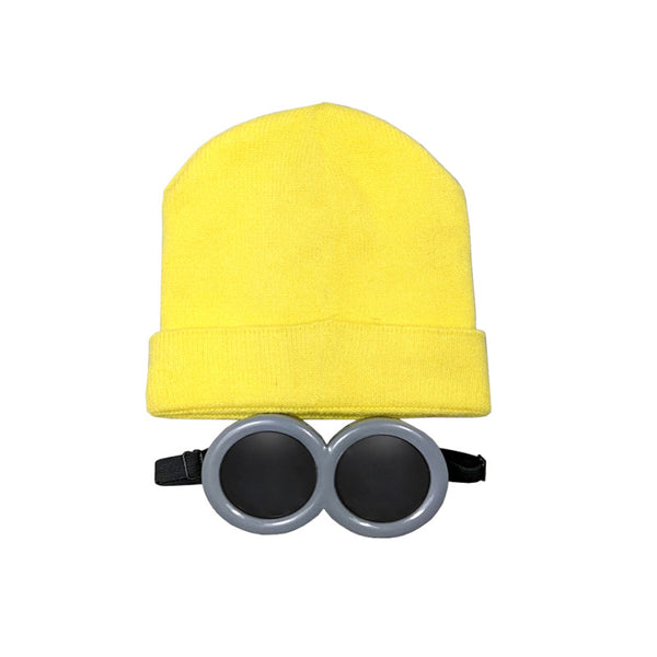 Yellow beanie and goggles, goggles do not have lenses.