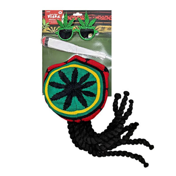 Reggae set, crochet hat with attached black dreads, weed glasses.