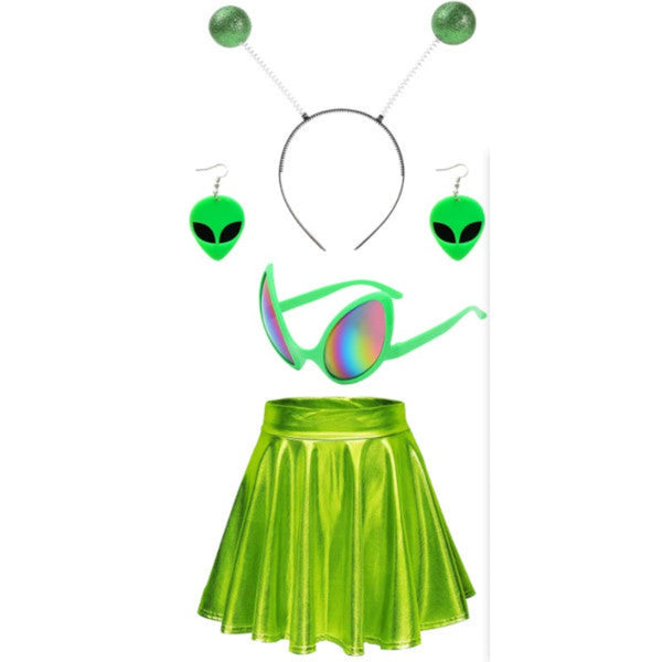 Green Alien Adult Set includes metallic pull on skirt in small size, green glien glasses, alien earrings and green head boppers.