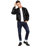 Adult wearing black 1950s greaser jacket with jeans and retro rock and roll fashion