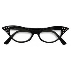 50s Rhinestone Glasses – Black – cat eye retro glasses with clear lenses for 1950s costumes.