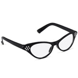 50s Rhinestone Glasses – Black – cat eye retro glasses with clear lenses for 1950s costumes.