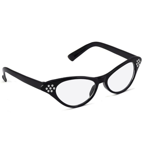 50s Rhinestone Glasses – Black – cat eye retro glasses with clear lenses for 1950s costumes.