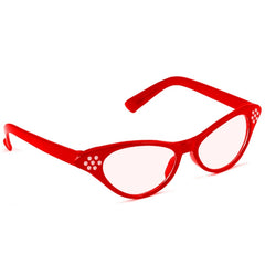 50s Rhinestone Glasses red cat eye glasses with rhinestones for 1950s and Grease-themed costumes.