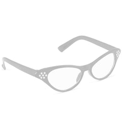 50s Rhinestone Glasses – White cat eye retro glasses with rhinestones for 1950s costumes and vintage looks.