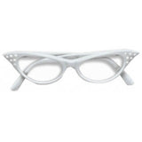 50s Rhinestone Glasses – White cat eye retro glasses with rhinestones for 1950s costumes and vintage looks.