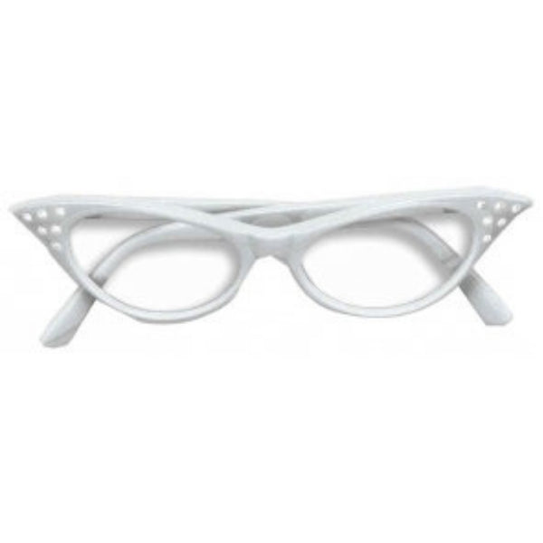 50s Rhinestone Glasses – White cat eye retro glasses with rhinestones for 1950s costumes and vintage looks.