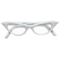 50s Rhinestone Glasses – White cat eye retro glasses with rhinestones for 1950s costumes and vintage looks.