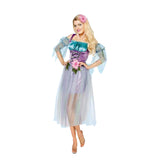 Rainbow forest fairy costume with flowing skirt and sleeves.