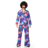 Person wearing a colorful 70s-themed jumpsuit with a white background
