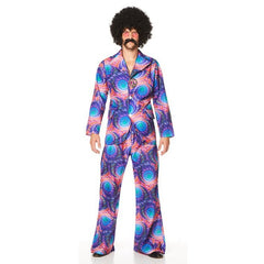 Men’s 60s/70s Boho Suit in psychedelic colours with jacket and flared trousers.