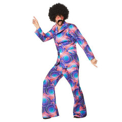 Men’s 60s/70s Boho Suit in psychedelic colours with jacket and flared trousers.
