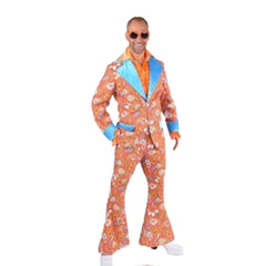 60s & 70s paisley men’s suit with orange floral jacket and matching flared pants
