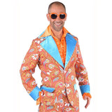 Close-up of mens paisley suit showing colourful retro print and wide collar