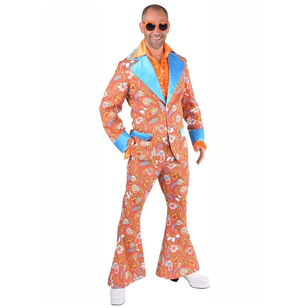 Mens paisley retro suit with colourful floral print and flared pants