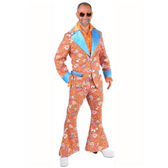 Mens paisley retro suit with colourful floral print and flared pants
