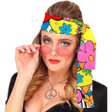 Woman wearing colourful 60s flower power headband