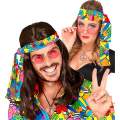 Colourful 60s flower power headband, polyester hippie accessory for retro and festival costumes.