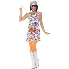 60s women’s hippie costume with colourful print dress and matching hat