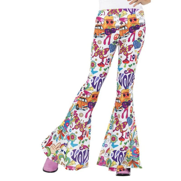 Womens 60s groovy flared trousers colourful peace print