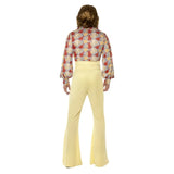 60s Groovy Guy Costume, Patterned shirt and yellow high waisted flares.