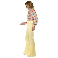 60s Groovy Guy Costume, Patterned shirt and yellow high waisted pants.