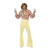 60s Groovy Guy Costume, Patterned shirt and yellow high waisted pants.