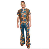 60s Groovy Hippie Man Costume, colourful top with attached vest and flares.