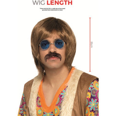 60s Hippie Kit with brown wig, Lennon glasses, and moustache – retro 1960s and 1970s fancy dress accessories