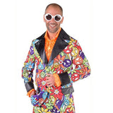 Close-up of mens 60s hippie suit showing colourful flower power print