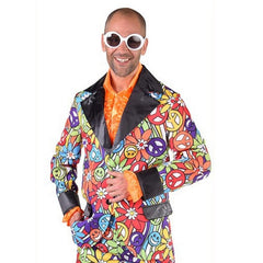 Mens 60s hippie suit with colourful flower power pattern