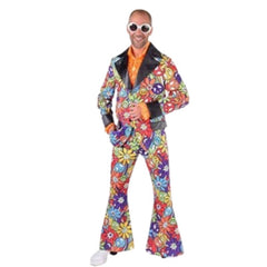 60s Hippie Men’s Suit with flower power print jacket and flared pants, retro men’s costume.