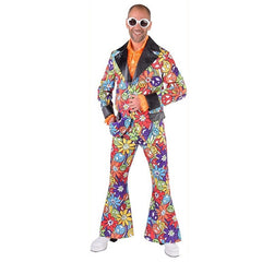 Mens 60s hippie suit with colourful flower power pattern