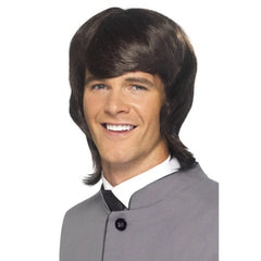 60s male mod wig in brown with sweeping fringe and longer back for retro costumes
