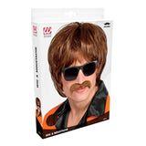 Box for brown mod style wig and moustache
