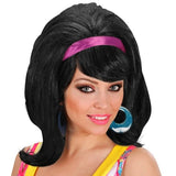 Black 60s mod beehive wig with pink ribbon for retro costume looks
