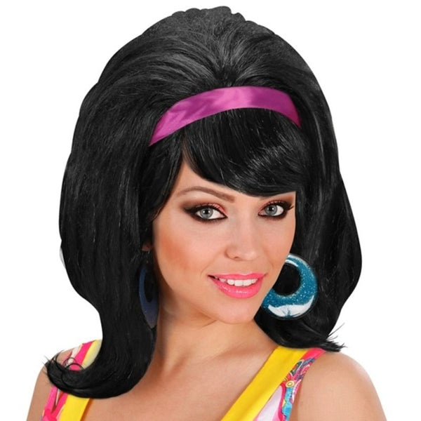 Black 60s mod beehive wig with pink ribbon for retro costume looks