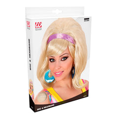 Blonde 60s mod wig styled in a beehive with purple ribbon for retro parties and costumes