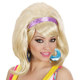 Blonde 60s mod wig styled in a beehive with purple ribbon for retro parties and costumes
