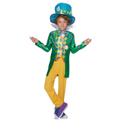 Mad hatter boys deluxe disney costume for teens, top with mock jacket and printed waistcoat,  pinstripe pants and oversize blue felt hat.