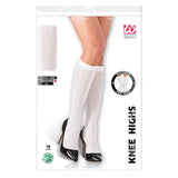 Packaging of white knee-high socks with a model wearing them, on a white background.
