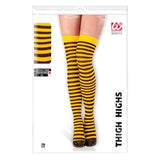 Yellow and black striped thigh-high socks in packaging with brand logo.